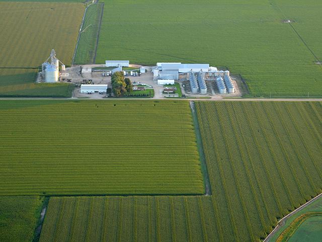 An aerial photo of a farm in Nebraska's fertile Platte River Valley. Nebraska ag land value decreased for the first time in six years in 2025, according to a recent report. (DTN file photo)