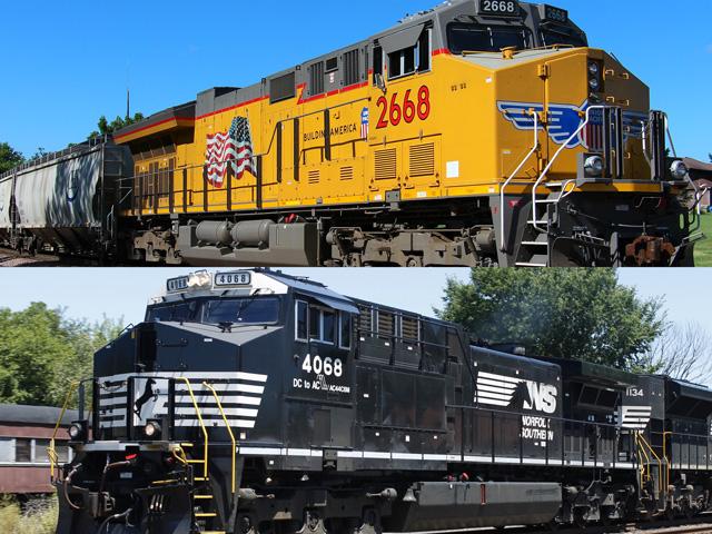 The Union Pacific and Norfolk Southern railroads have officially signed an agreement to merge the two companies. (Photos by Tyler Silvest CC-BY-2.0; aqua scissors CC-BY-SA-2.0)