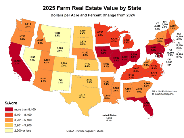 USDA on Friday released its annual Land Values Summary report showing the average national value of agricultural land increased 4.3% this year to $4,350 per acre. (Map courtesy of USDA's National Agricultural Statistics Service)