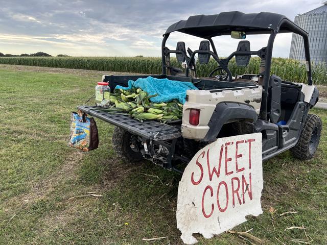 Get your ears here. The annual roadside sweet corn stand is a sign of summer on Zoerb Farms, Litchfield, Nebraska.  (DTN photo by Pamela Smith)