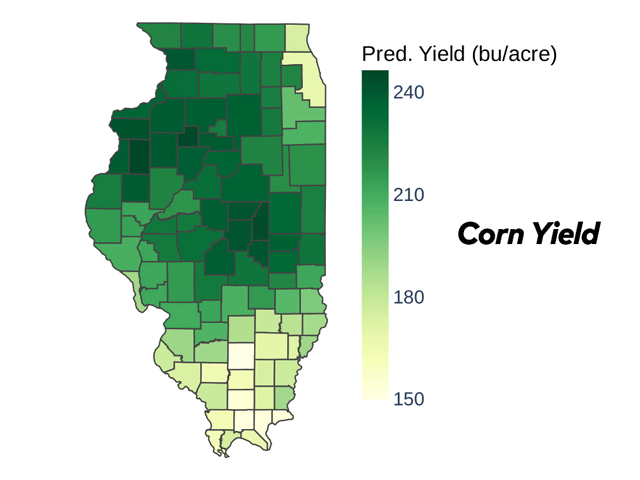 Warren County in west central Illinois is projected to have the highest county average corn yield in the state at 244.4 bushels per acre. The darkest shades of green represent 240-bpa yields or higher, while the lightest green shades represent 150-bpa yields. (DTN map by Scott Williams)