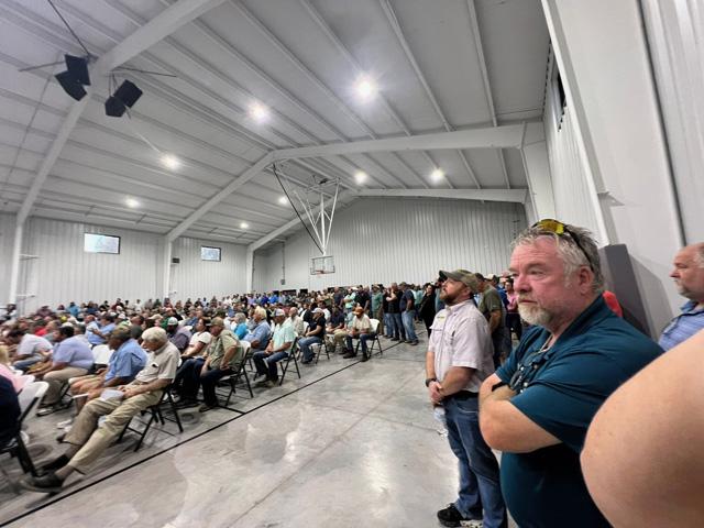 A meeting with Arkansas farmers ended up filling a facility in Brookland, Arkansas, on Tuesday to talk about financial challenges facing producers who are dealing with multiple years of negative returns. Groups have warned nearly every cash crop in the state is a money loser. (Photo courtesy of Sunni Adams) 