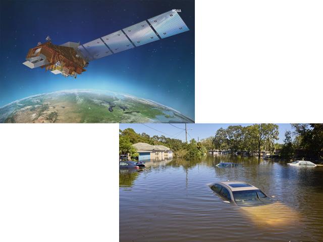 Research using NASA satellites, along with studies of coastal environments facing weather extremes, face significant cuts in the 2026 federal budget. (NOAA satellite image; flood photo by Thea Quinnt)