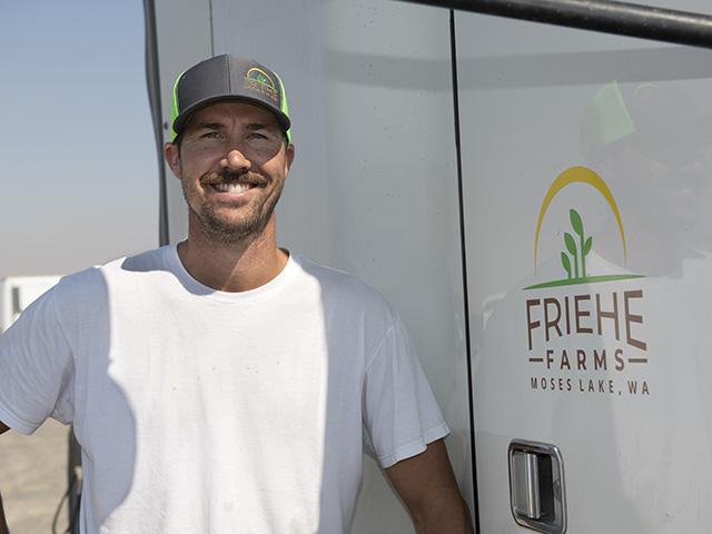 Second-generation farmer Derek Friehe uses the National Wheat Yield Contest to see if his farm&#039;s yields measure up. This year, his entry topped the irrigated spring wheat category. (DTN photo by Joel Reichenberger)
