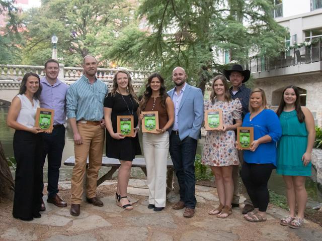 The DTN/Progressive Farmer America's Best Young Farmers and Ranchers award recipients from the Class of 2026 gather for a ceremony in San Antonio, Texas, on Nov. 20. Pictured from left to right: Dana and Lucas Dull; Houston and Katy Howlett; Ryane and Layne Miles; Lillie Beringer-Crock and Brian Crock; and Chelsea and Adeline Hladky (not pictured, DJ Hladky). (DTN/Progressive Farmer photo by Susan Payne)