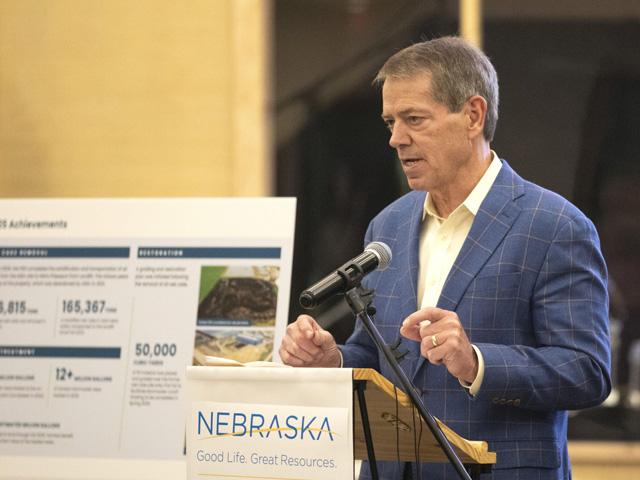 Nebraska Gov. Jim Pillen speaks to attendees of a meeting in Mead, Nebraska, with community members receiving an update on private cleanup efforts with state help of the former AltEn ethanol plant. (Photo courtesy of the Nebraska Governor's Office)
